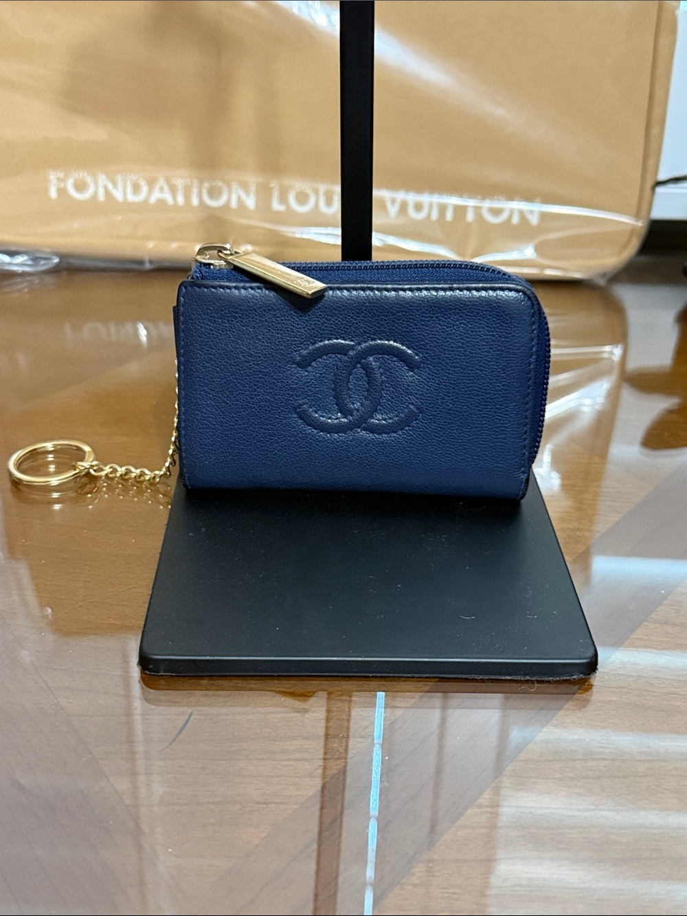 CHANEL Navy Leather CC Logo Key Pouch with Gold Chain